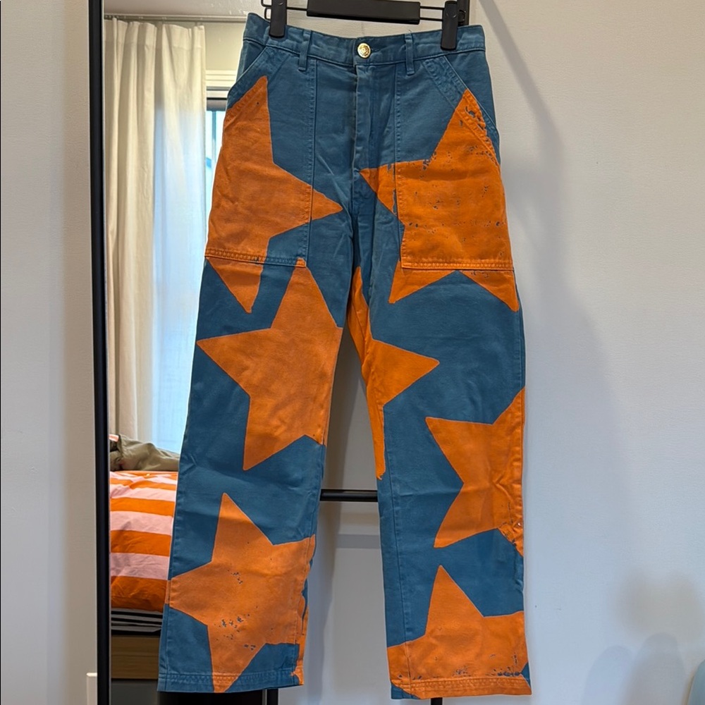 Big Bud Press Work Pants in Blue with Orange Star Pattern